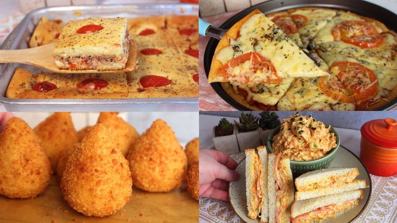 Cuatro Recetas Fáciles de Botanas para el Puente (Tarta de Atún, Coxinha con Masa de Papa, Pizza Licuada y Sandwich Cremoso de Pollo)