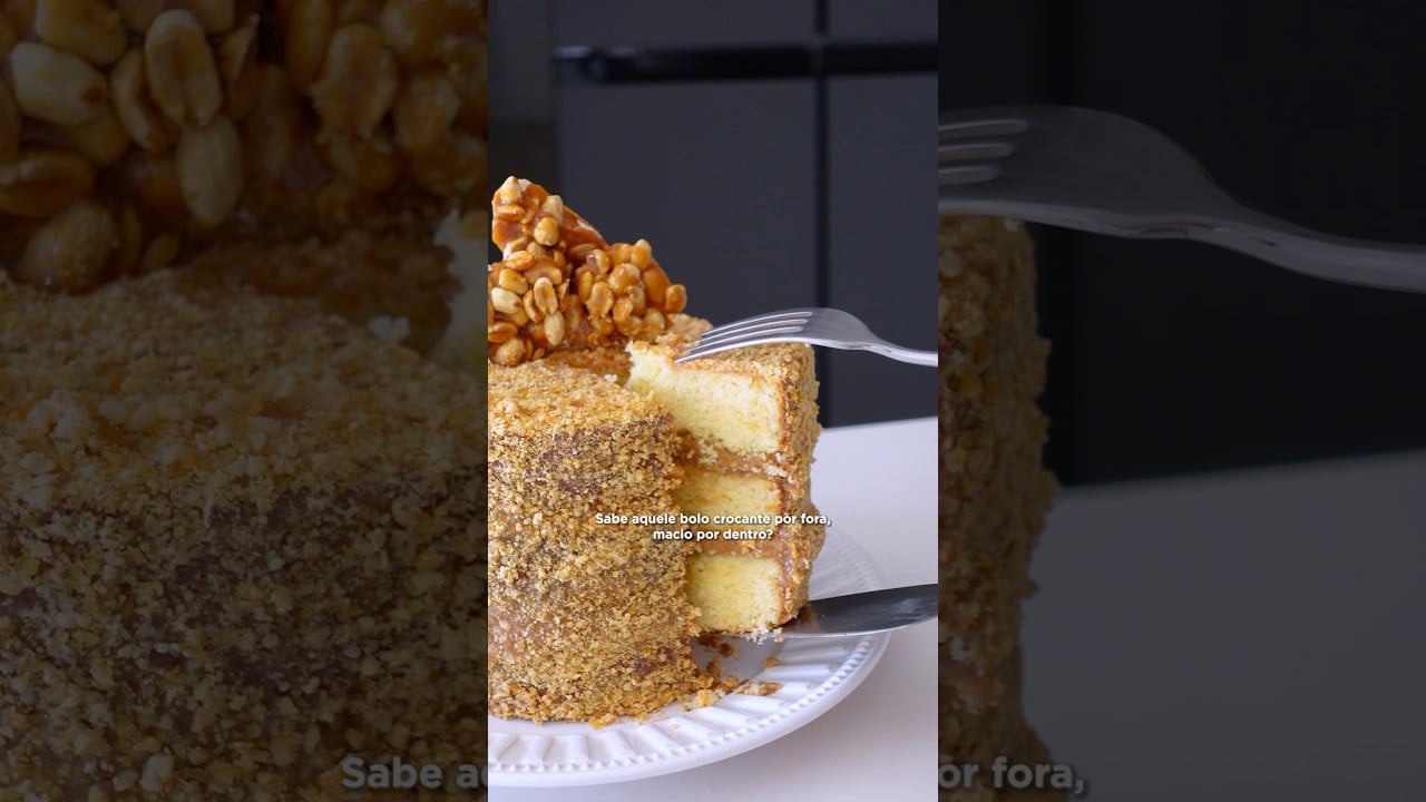 Bolo Crocante com Recheio de Doce de Leite, Caramelo e Amendoim